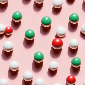 Seamless pattern vibrant display of red, white, and green spheres scattered across a pale pink surface evokes a sense of fun and creativity.