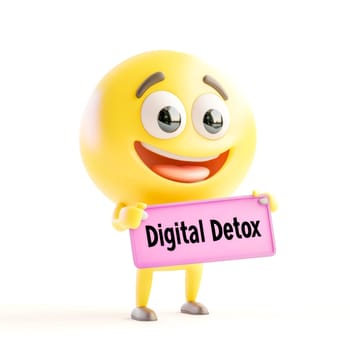 Cheerful, smiling emoji is holding a sign promoting digital detox, advocating for disconnecting from technology and prioritizing mental wellbeing in a lighthearted way