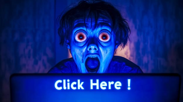 Shocked man with wide eyes and open mouth is illuminated by the blue light of a laptop screen displaying a click here. Button, creating a dramatic and unsettling scene