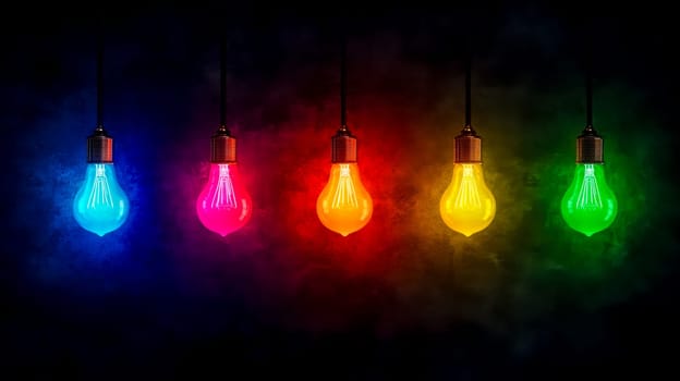Five colorful light bulbs are hanging and glowing in a smoky dark room, emitting blue, pink, orange, yellow, and green light, creating a vibrant and atmospheric rgb background