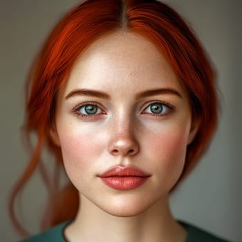 Close up portrait of a young redhead caucasian woman with freckles, showcasing her natural beauty and radiant complexion against a neutral background