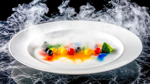 Modern molecular gastronomy dish is presented on a white plate, featuring colorful spheres, a broccoli floret, and dry ice vapors creating a smoky, mysterious atmosphere