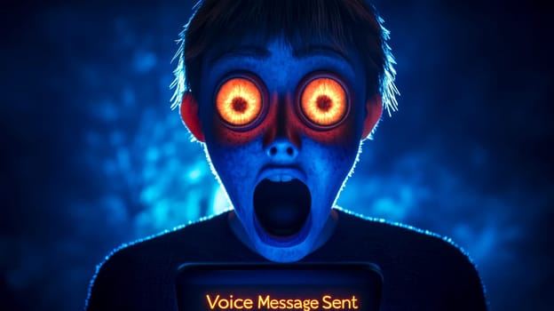 Shocked boy with glowing orange eyes, holding a mobile phone displaying a voice message notification in a dark, atmospheric setting, evokes fear and surprise