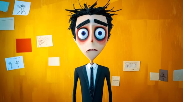 Stylized 3d character representing a stressed businessman, worried in front of a yellow wall filled with notes and children's drawings, highlighting work life balance challenges