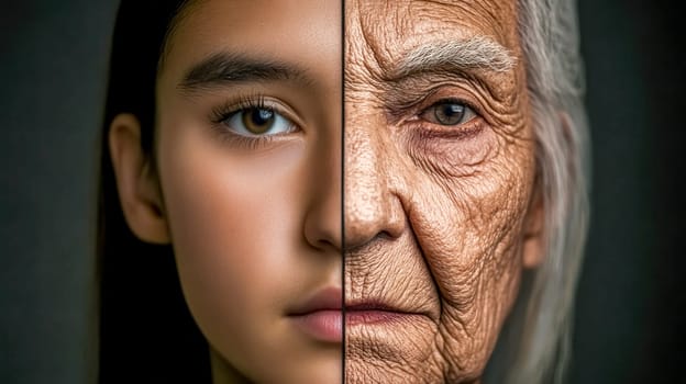 Split portrait capturing the contrasting halves of a woman's face, representing the aging process and the passage of time through different life stages, highlighting beauty and transformation
