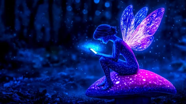 Beautiful fairy with glowing wings sitting on a magical mushroom and using a smartphone in an enchanted forest at night, creating a mystical and otherworldly scene
