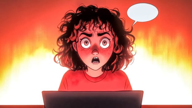 Stressed college student feeling overwhelmed and shocked while working on her laptop late at night, with a blank thought bubble and a fiery background representing her mental state