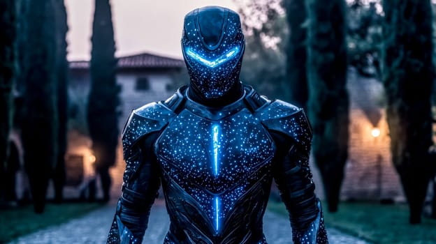 Futuristic knight clad in glowing armor stands amidst a medieval landscape, showcasing a striking contrast between advanced technology and traditional history