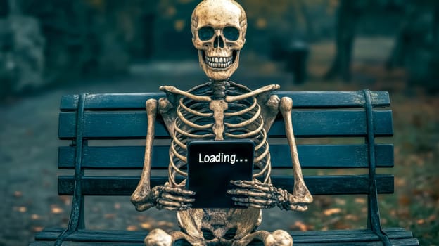 Skeleton is patiently sitting on a park bench, holding a tablet displaying a loading screen, symbolizing the endless wait or the afterlife's slow internet connection