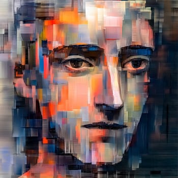 Brushstrokes of digital paint create a pixelated portrait of a human face, blending artistic expression with artificial intelligence in a vibrant display of color and form
