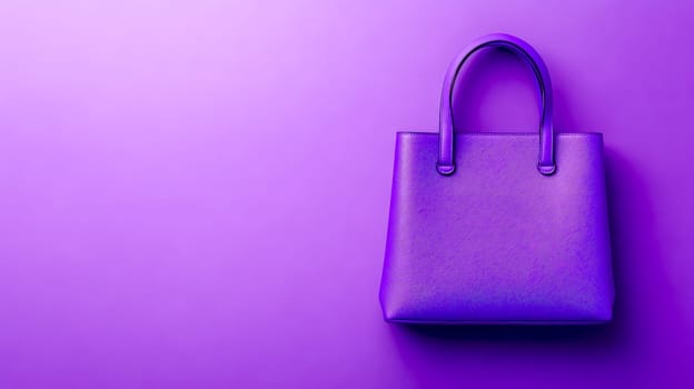Purple handbag resting elegantly on a coordinating purple background, creating a vibrant and stylish minimalist fashion composition that exudes modern sophistication and chic appeal