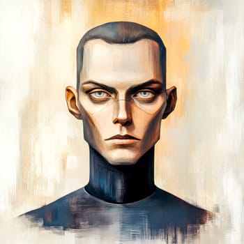 Ai generated portrait presents a futuristic man with a shaved head and angular features, wearing a dark turtleneck sweater, with a serious expression conveying mystery and intrigue