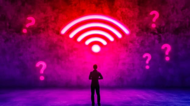 Businessman standing in futuristic room looking at glowing wifi symbol and question marks on a red and purple background representing internet problems, wireless connection and network availability