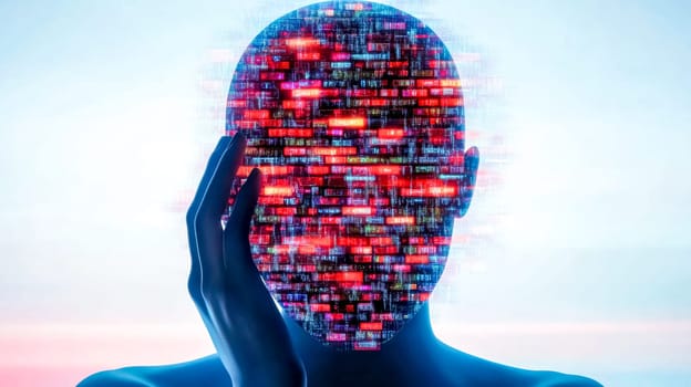 Colorful data stream flowing through humanoid robot's head, symbolizing information overload in digital age, highlighting challenges of artificial intelligence and big data management