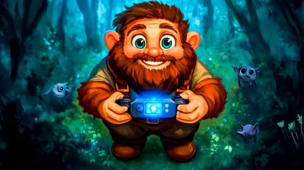 Cheerful dwarf with a big red beard operates a drone remote control, piloting a small aircraft through a magical, glowing forest at night, with friendly blue creatures flying nearby