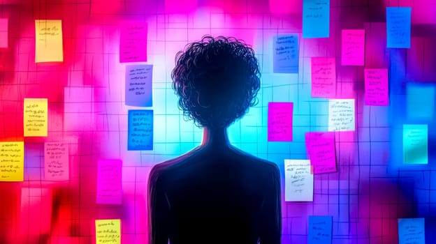 Person with curly hair facing a gridded wall adorned with colorful, glowing sticky notes in a room illuminated by pink and blue light, creating a mysterious, thought provoking atmosphere