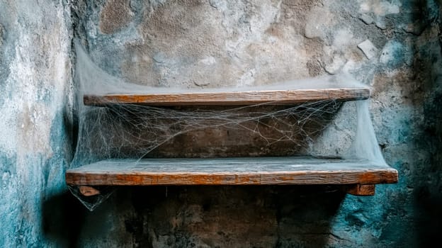 Old weathered wooden shelf is covered in cobwebs and dust, leaning against a textured wall in an abandoned, dusty room, creating a haunting atmosphere of neglect and decay