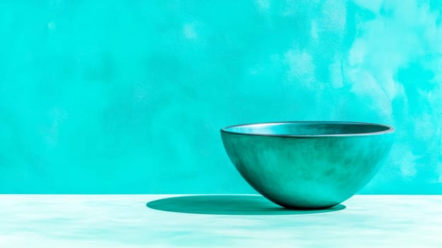 Empty turquoise bowl is casting a shadow on a turquoise table against a turquoise wall, creating a monochromatic and minimalist still life composition