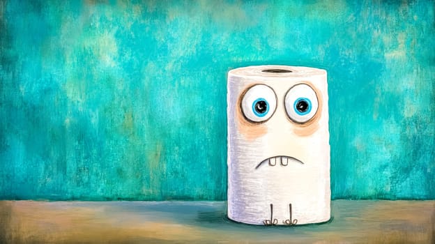 Comical illustration of a toilet paper roll with big, worried eyes and a downturned mouth, standing on a wooden surface against a textured teal background, conveys a sense of fear and anxiety
