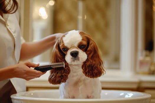 A Cavalier King Charles Spaniel sits in a bathtub while being groomed by a person. The warm indoor lighting creates a relaxing atmosphere for the dog.
