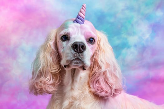 A creative dog with a unicorn horn sits posed against a vibrant pastel background. Its fur displays shades of pink and cream, adding to the whimsical atmosphere.
