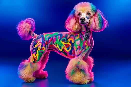 A poodle with a rainbow of colors in its fur stands confidently in a blue studio. The unique grooming showcases artistic patterns and playful styling, captivating viewers.