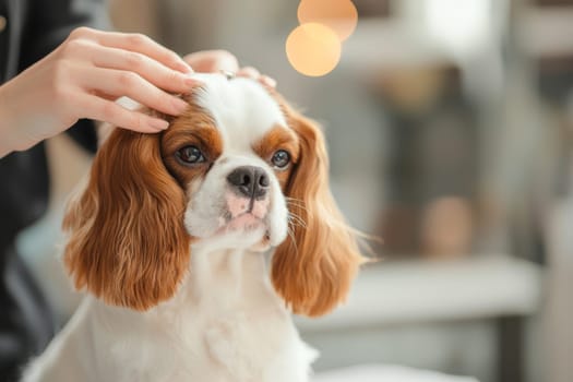 A hand gently pets the head of a Cavalier King Charles Spaniel in a warm and inviting indoor setting. Sunlight softly illuminates the relaxed scene.