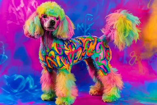 A lively poodle showcases an artistic and colorful fur design, standing proudly against a vivid, abstract backdrop at a pet grooming event, emphasizing creativity and fun in pet styling.