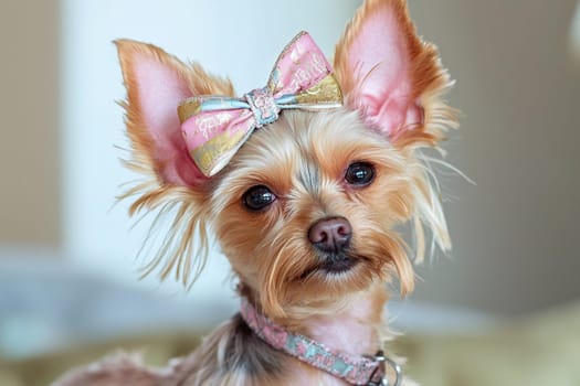 A small dog with fluffy fur and large ears wears a vibrant bow on its head, displaying a charming expression while sitting indoors in soft natural light.