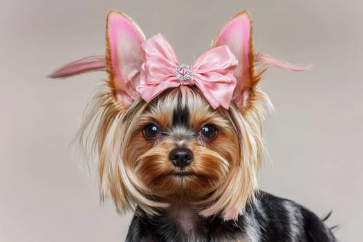 A small dog with a silky coat and expressive eyes showcases a playful look, adorned with a large pink bow and ear accessories in a soft background atmosphere.