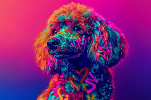 A poodle with vivid, multicolored fur sits gracefully against a bright, abstract background. The dog's expressive eyes and lively coat create an engaging visual experience.