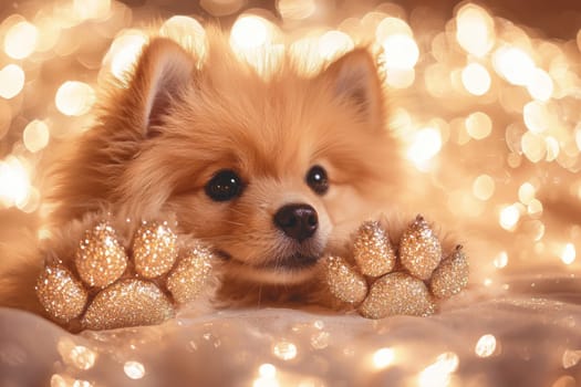 A playful pomeranian puppy with fluffy fur rests comfortably, showcasing its sparkling paws against a warm backdrop of glowing lights, creating a serene atmosphere.