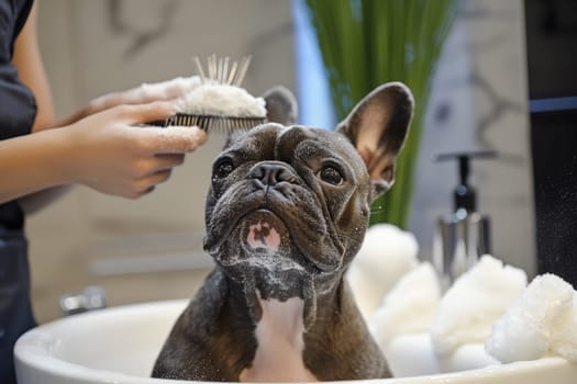 A stylish dog enjoys a grooming session in a modern salon. A groomer carefully uses a comb while soap foam builds up around the happy pet during the bath.