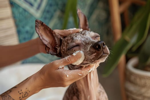 A relaxed gray dog enjoys a gentle grooming session in a stylish indoor environment. Hands apply shampoo to the dog's face, exuding care and warmth in a tranquil atmosphere.
