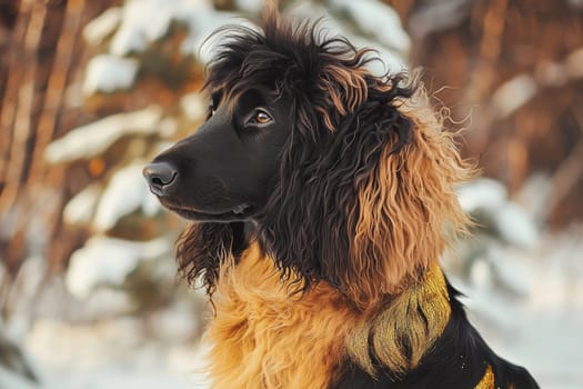 A large dog with a unique black and brown coat poses gracefully against a snowy backdrop, surrounded by evergreen trees, showcasing the beauty of winter.