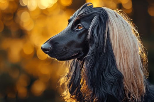 A majestic black and tan dog with long, flowing fur poses gracefully as warm sunlight filters through trees, creating a serene atmosphere in the outdoors during the evening.