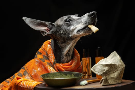A dog wrapped in an orange blanket sits calmly with a grooming brush in its mouth, surrounded by organic grooming products and a bowl. The atmosphere is cozy and inviting.