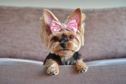 A small Yorkshire Terrier with a pink bow on its head sits on a gray sofa, gazing sweetly at the camera, embodying charm and playfulness in a warm indoor setting.