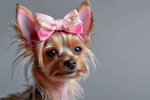 A small dog with long fur and a pink bow sitting calmly against a soft backdrop. The dog appears playful and cute, showcasing its expressive eyes and well-groomed coat.
