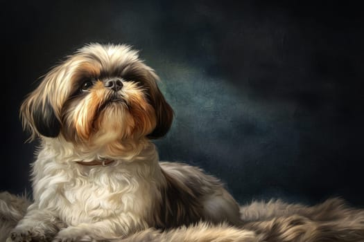 A small Shih Tzu dog with fluffy fur is relaxing on a soft blanket. The dog gazes into the distance with a calm expression, surrounded by a blurred backdrop.