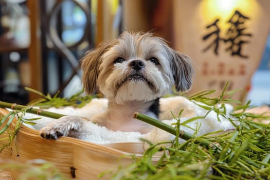 A small dog enjoys a relaxed moment in a bamboo basket filled with soft white fabric and green plants, creating a cozy atmosphere in a warm indoor space.