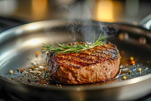 Close-up of a juicy grilled steak in a pan, topped with fresh rosemary and a sprinkle of peppercorns. AI generated.