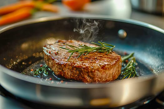 Close-up of a juicy grilled steak in a pan, topped with fresh rosemary and a sprinkle of peppercorns. AI generated.