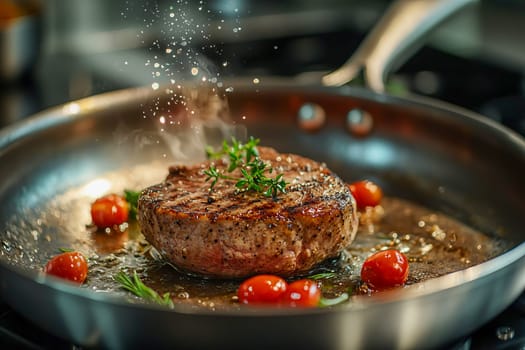 Close-up of a juicy grilled steak in a pan, topped with fresh rosemary and a sprinkle of peppercorns. AI generated.