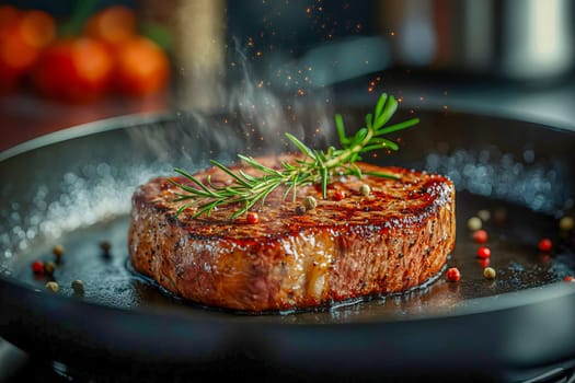 Close-up of a juicy grilled steak in a pan, topped with fresh rosemary and a sprinkle of peppercorns. AI generated.