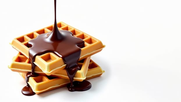 Stack of freshly made waffles with rich chocolate syrup pouring over them, creating a sweet and indulgent breakfast or dessert option on a plain white background. AI generated.