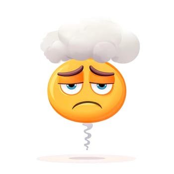 3d rendering of a sad yellow emoji with blue eyes and brown eyebrows floating with a gray cloud over its head, conveying a sense of gloom and bad mood
