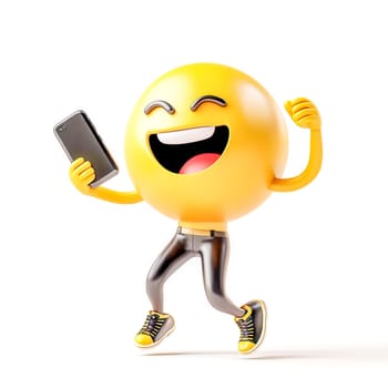 3d rendering of a cheerful yellow emoji character jumping with joy, holding a smartphone and celebrating a positive online experience, expressing excitement and achievement