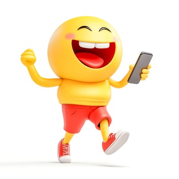Cheerful, laughing emoji is running with a smartphone, conveying feelings of happiness, excitement, and the enjoyment of mobile technology