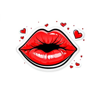 Cartoon red glossy lips blowing a kiss, surrounded by small red hearts, create a romantic and playful sticker design perfect for expressing love and affection in various celebrations